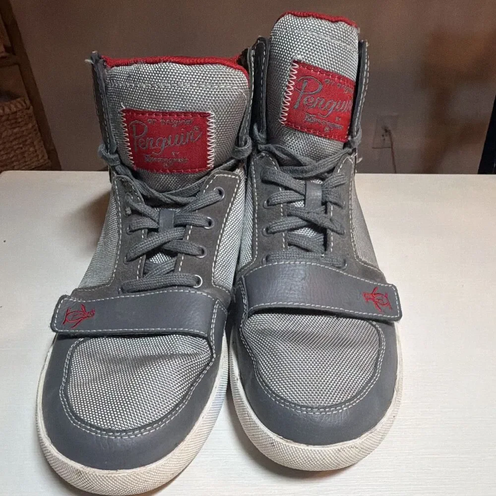 Original Penguin Moby Hi Men's High Top Sneakers Gray Red Leather Mesh Size 10.5